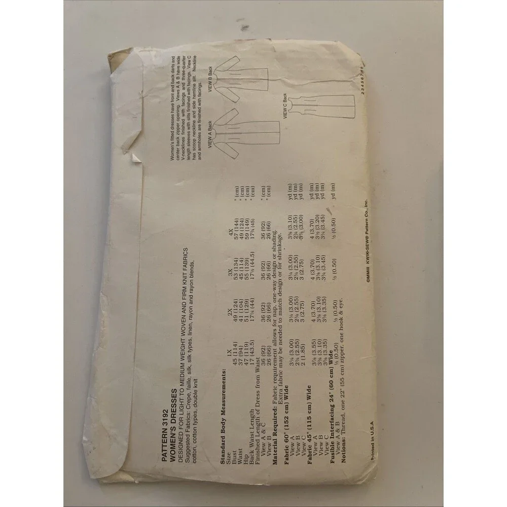 Kim Sew 3192 Women’s 1X-4X Dress Darts Zipper Back Sleeve Variation Pattern New
